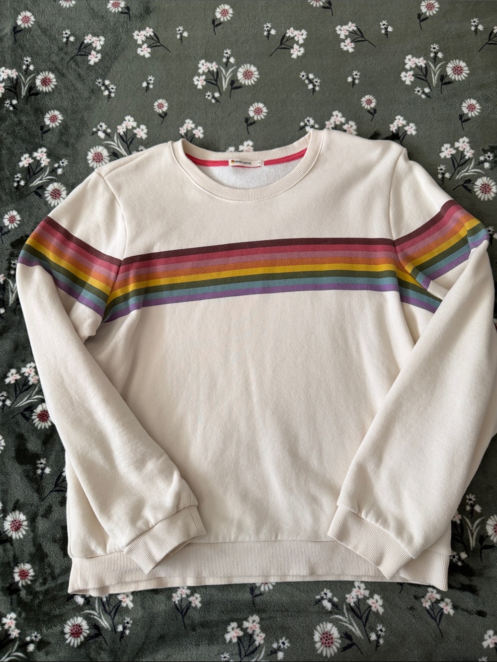 Marine Layer Cloud 9 Fleece Anytime Cream Sweatshirt with Rainbow Stripe
